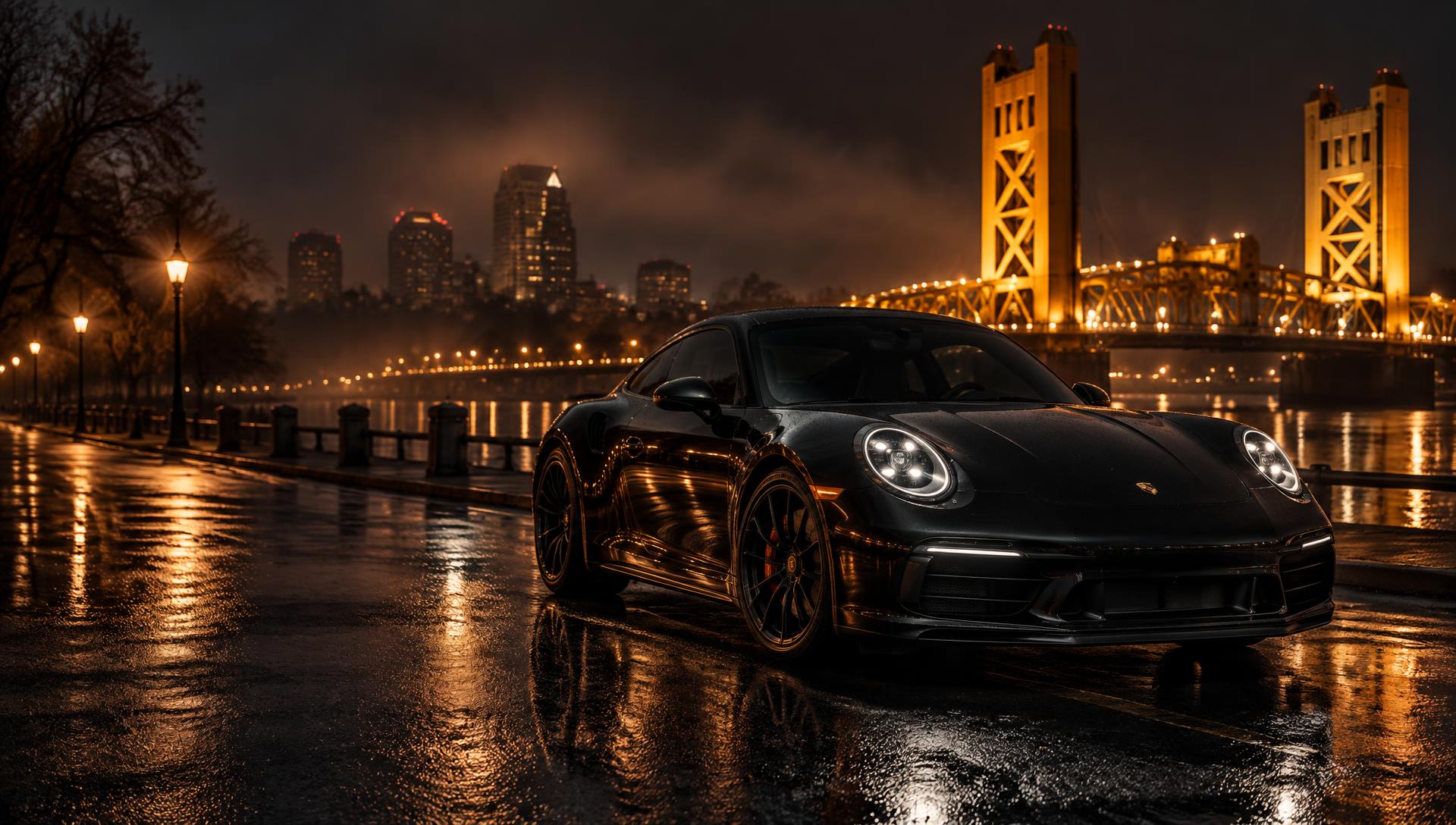 Black sports car on a wet Sacramento street at night with the Tower Bridge glowing behind it